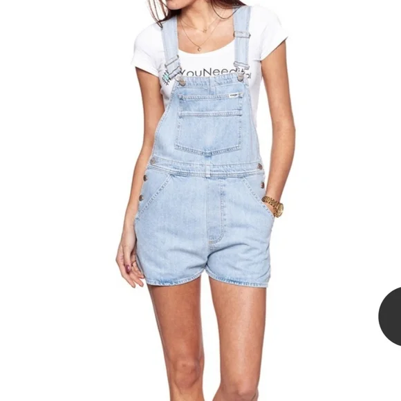 NWT Wrangler Bib Shorts Overalls XS Blue Jean W29QFH17J Tubble Blue Casual - Picture 3 of 15